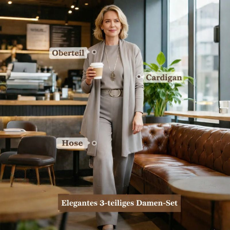 Elegantes Damen 3-teiliges Herbst-Set – Cardigan, Shirt & Wide-Leg-Hose