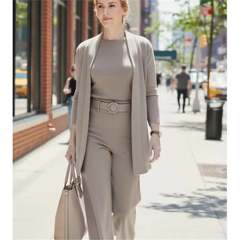 Elegantes Damen 3-teiliges Herbst-Set – Cardigan, Shirt & Wide-Leg-Hose