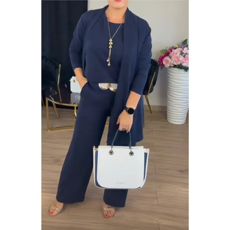 Elegantes Damen 3-teiliges Herbst-Set – Cardigan, Shirt & Wide-Leg-Hose