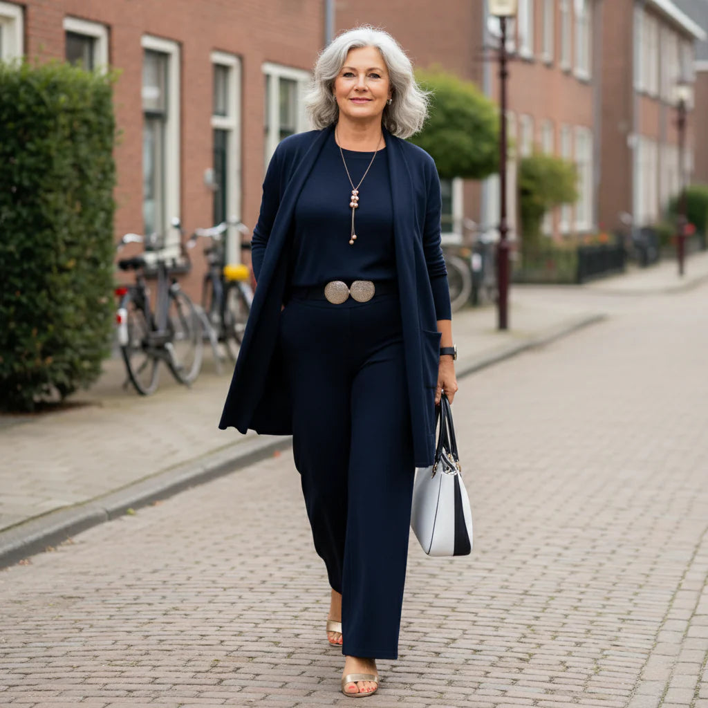 Elegantes Damen 3-teiliges Herbst-Set – Cardigan, Shirt & Wide-Leg-Hose